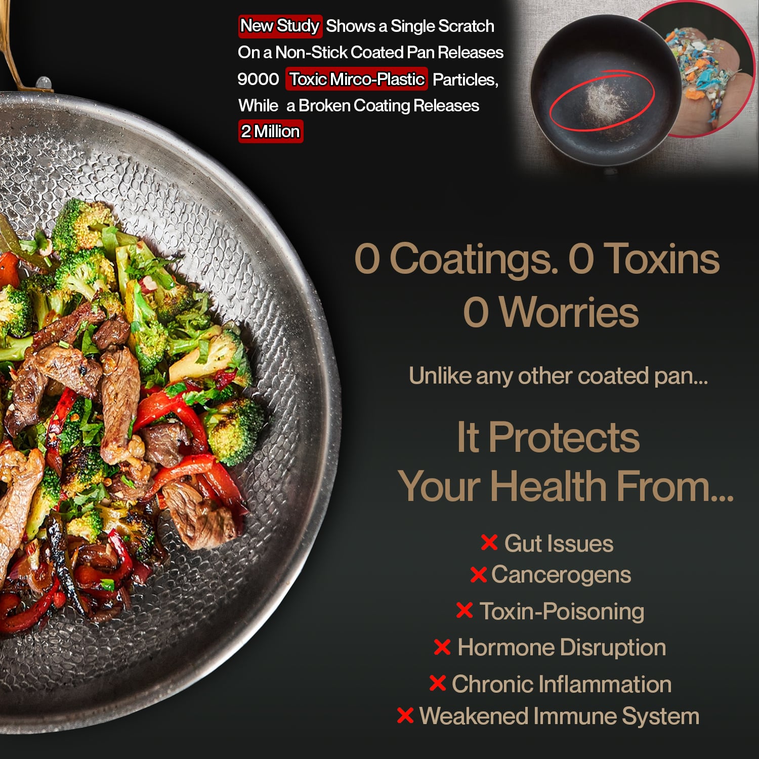 Non-stick cookware with food and promotional text about its health benefits.