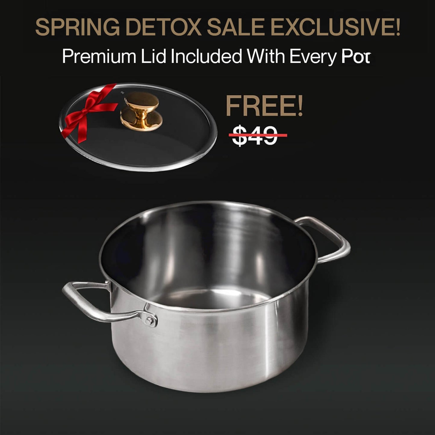 Titanium pot with a free premium lid offer on a black background
