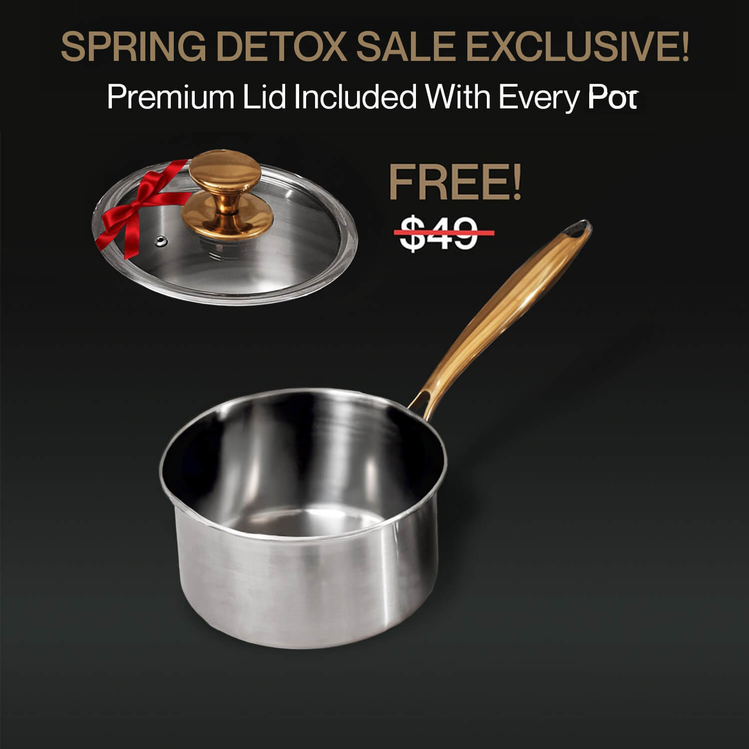 pure Titanium pot with golden handle and free premium lid on a dark background, promoting a spring detox sale.