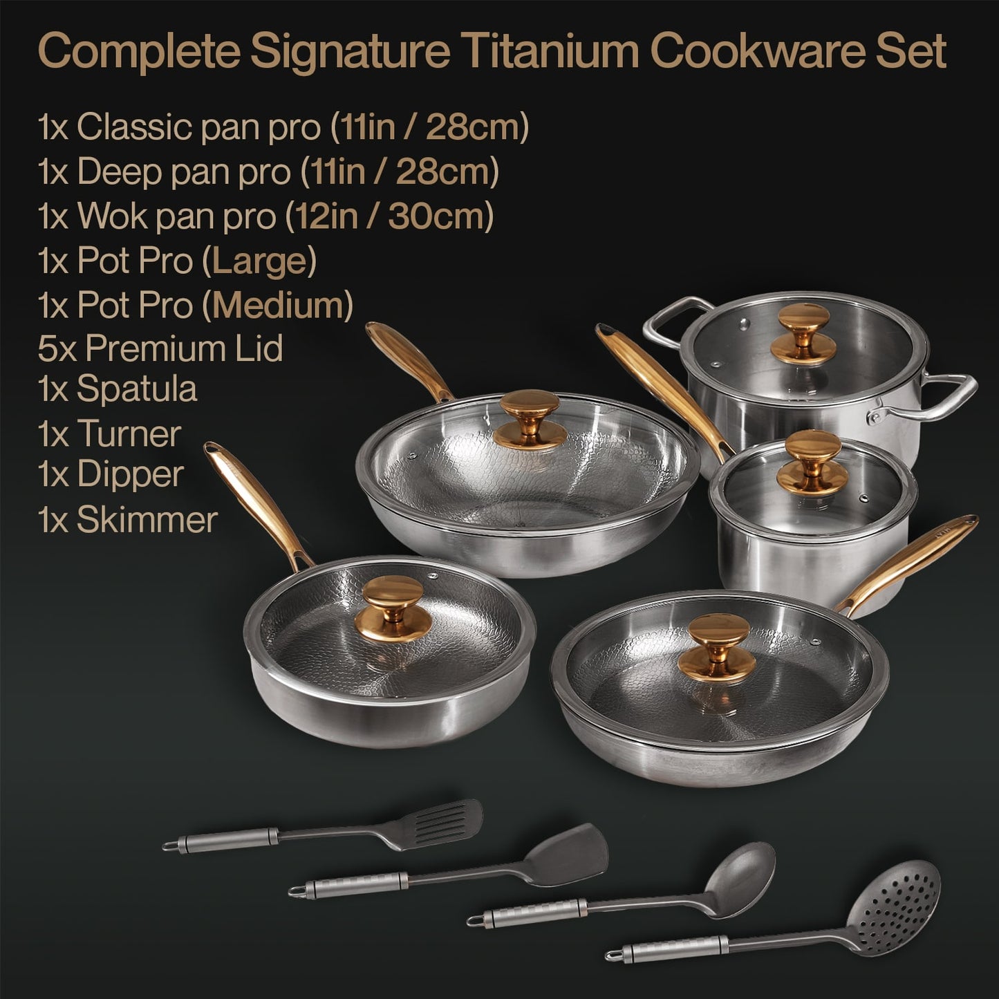 Complete Signature Titanium Cookware Set with various pots, pans, and utensils