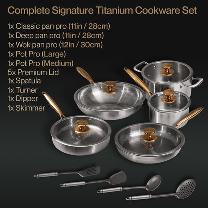 Complete Signature Titanium Cookware Set with various pots, pans, and utensils