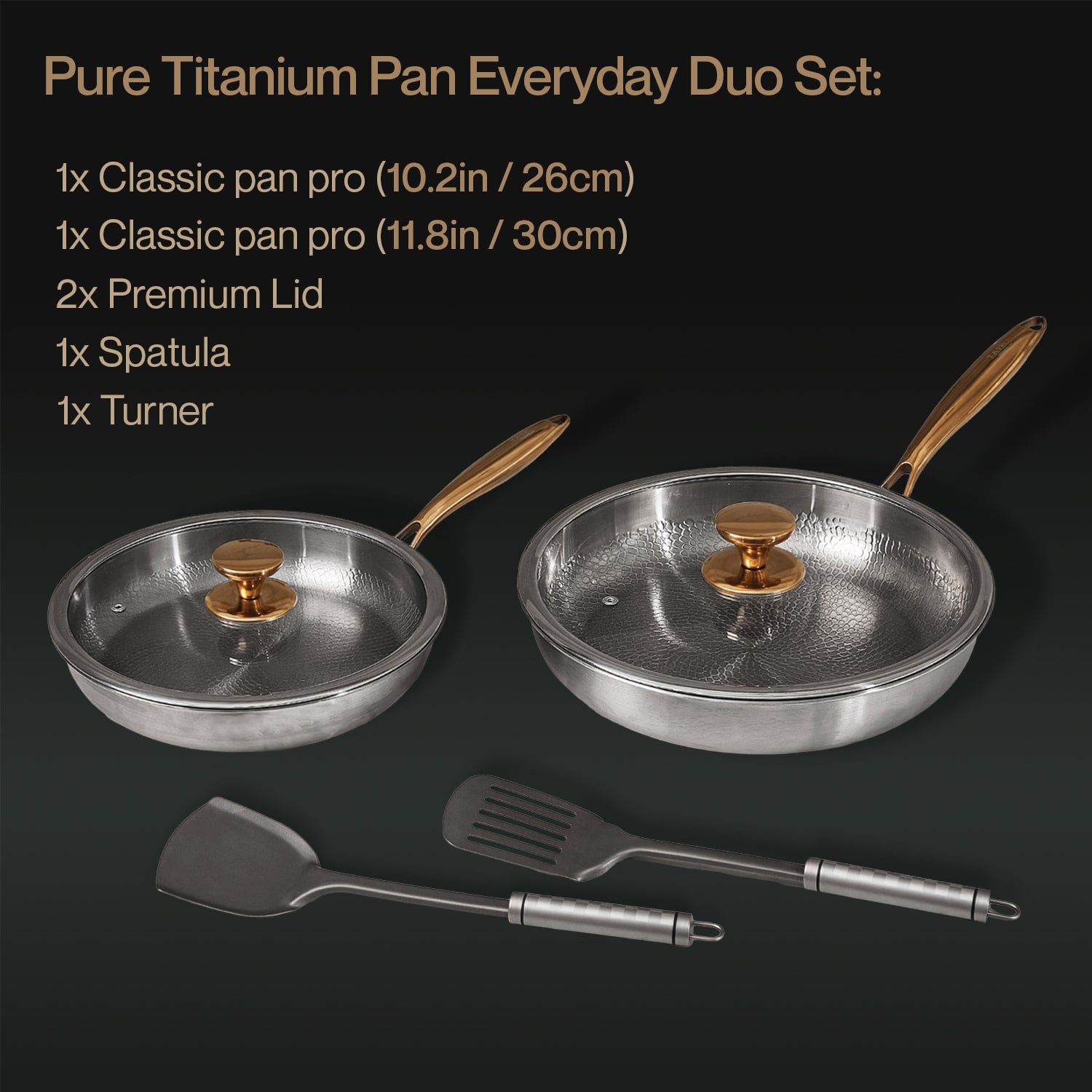 Pure Titanium Pan Everyday Duo Set with two pans, a spatula.