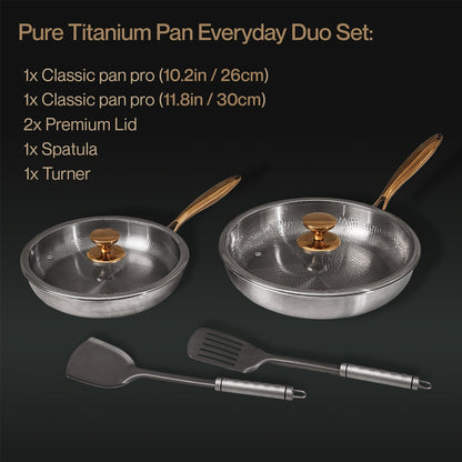 Pure Titanium Pan Everyday Duo Set with two pans, a spatula.
