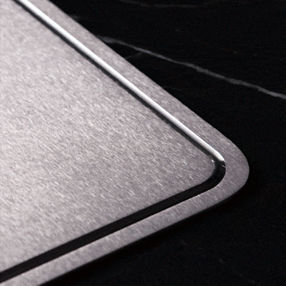 taima titanium pure titanium cutting board tv commercial gif showing how chefs and restaurants use taima titanium cutting board, knife friendly surface, doesn't dull knives