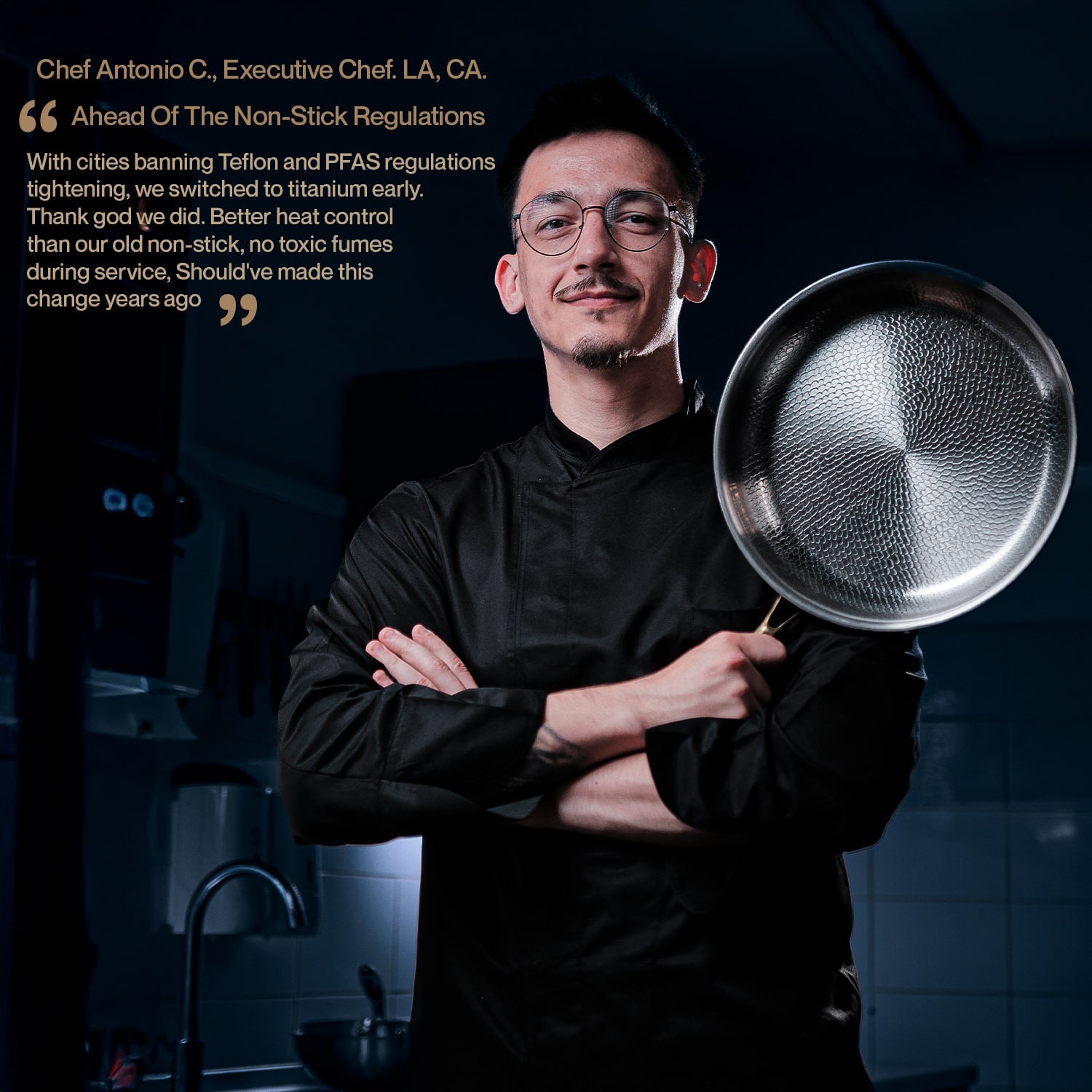 Chef holding a titanium frying pan in a kitchen setting with text about non-stick regulations.