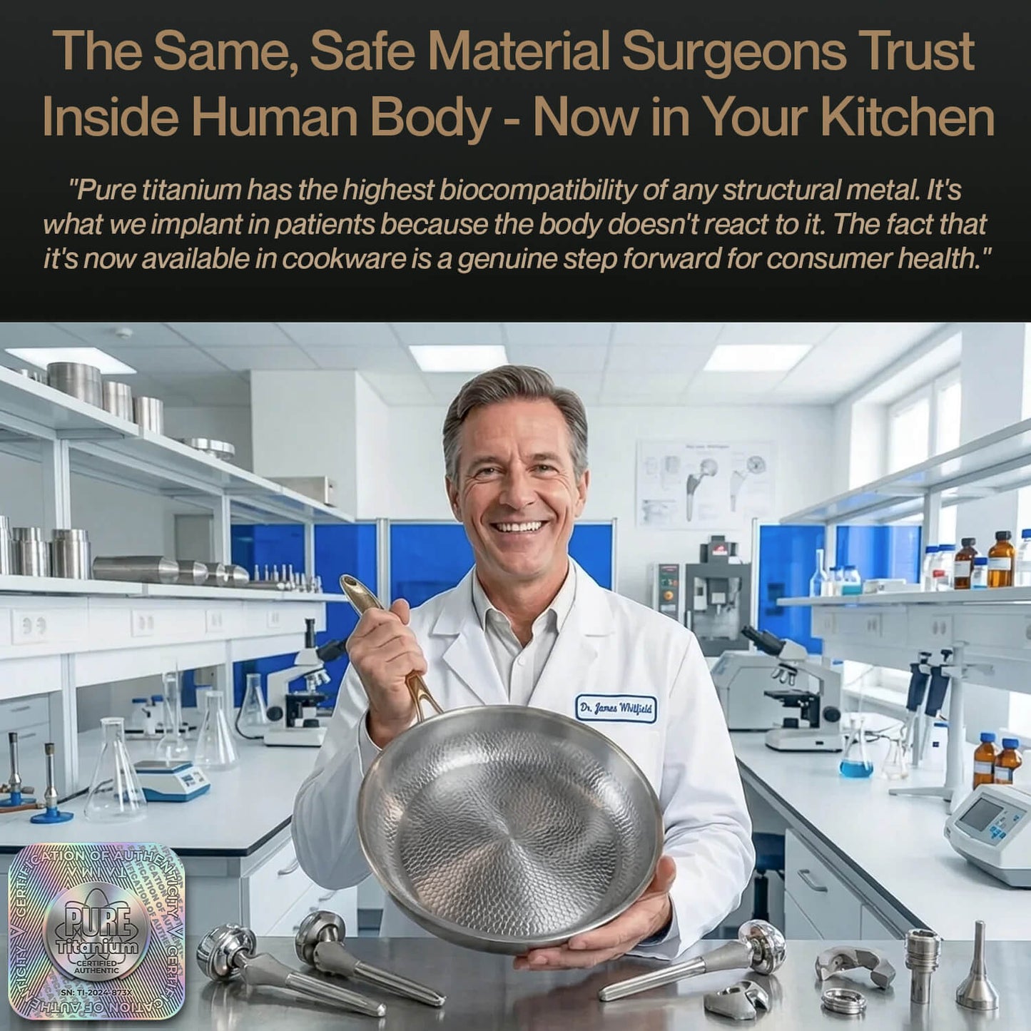 Man in a lab holding a titanium cookware set with promotional text about titanium's biocompatibility.