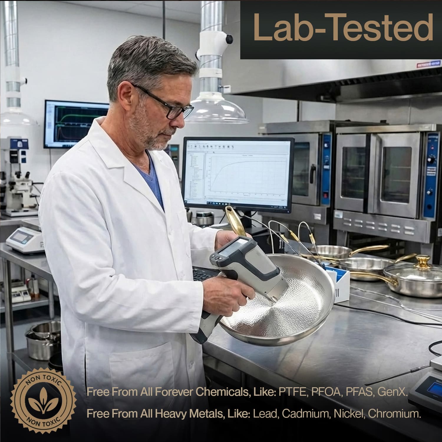 Lab technician in a lab setting with 'Lab-Tested' and 'Non-Toxic' text overlay.