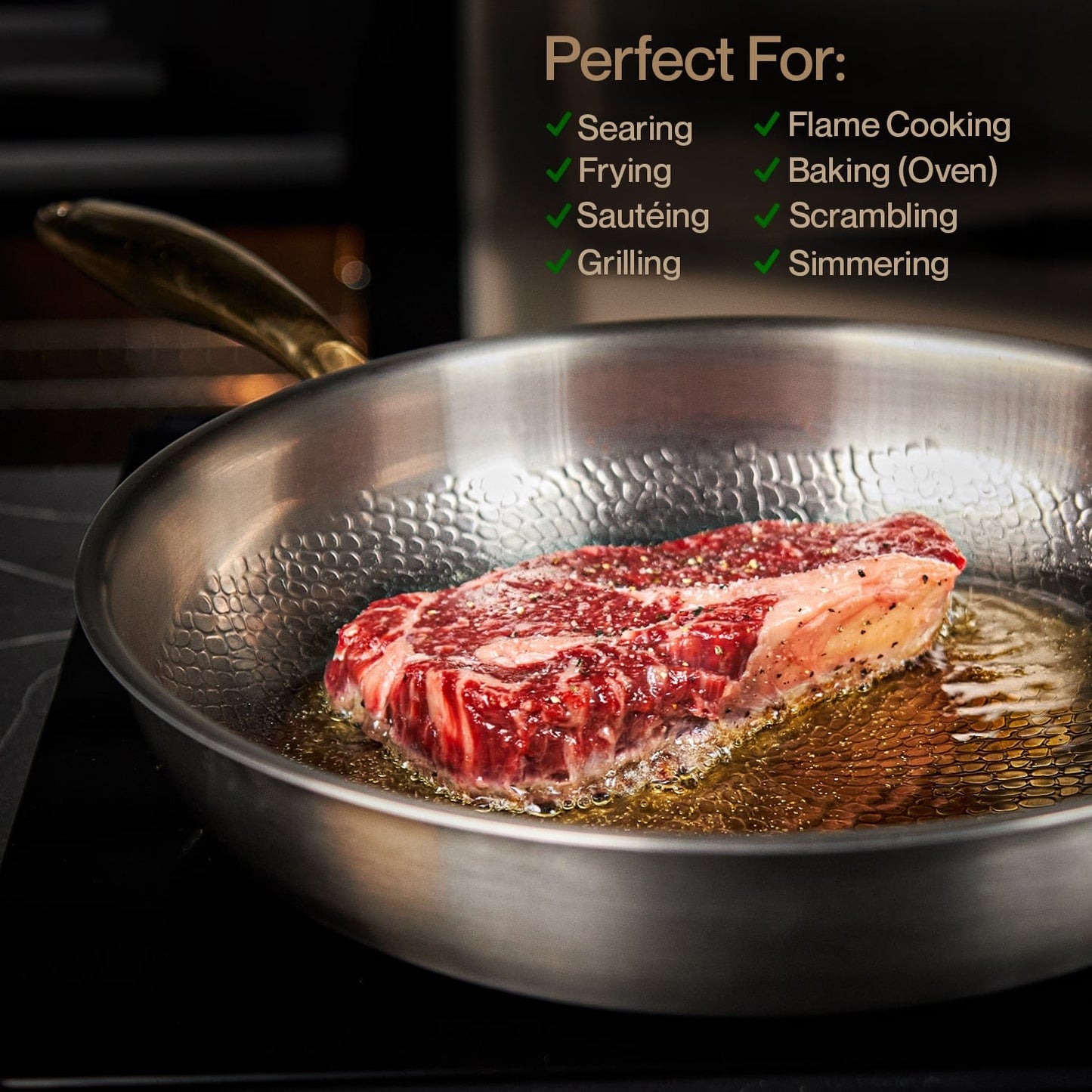 Titanium steel frying pan with a steak being cooked, featuring text on uses.