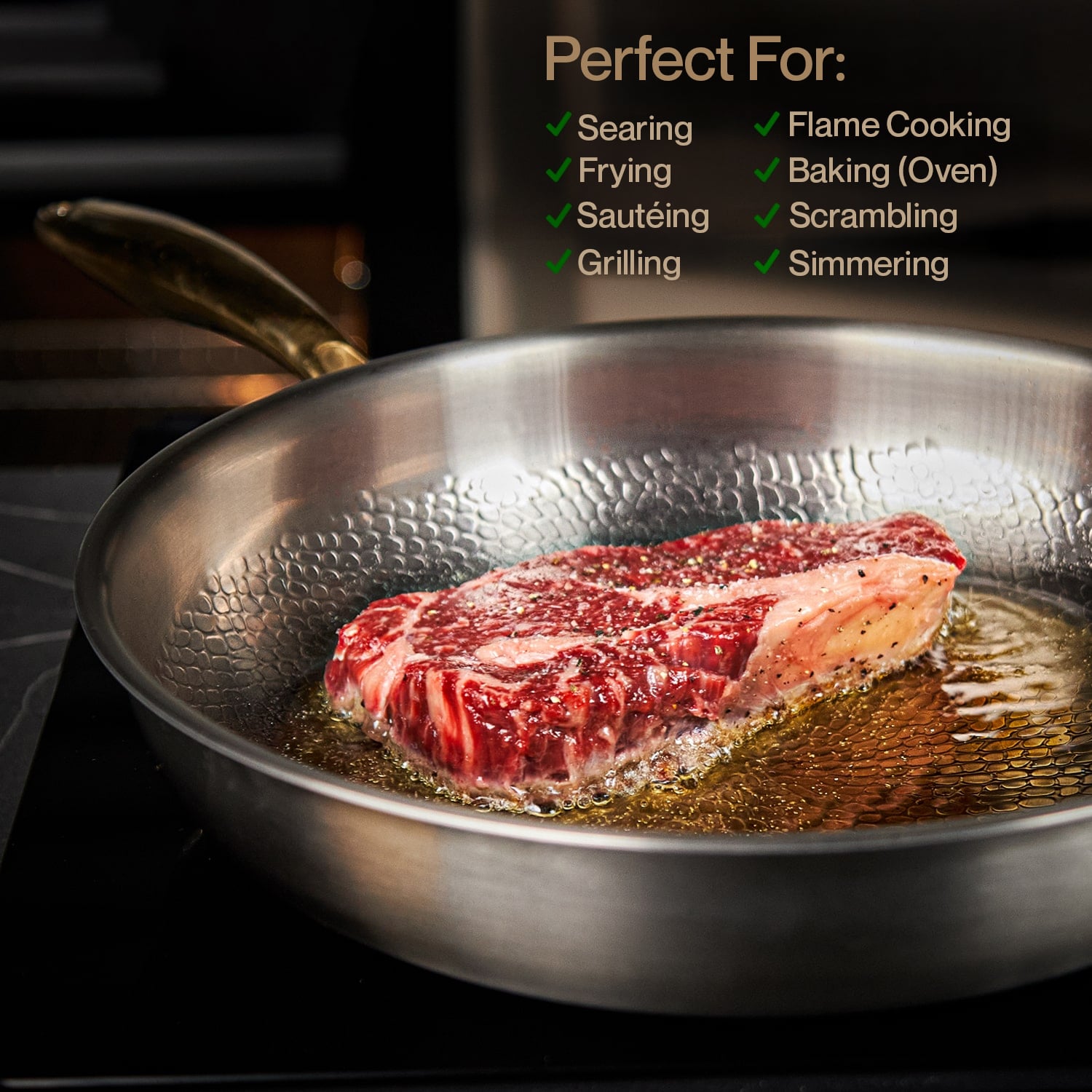 Titanium steel frying pan with a steak being cooked, featuring text on uses.