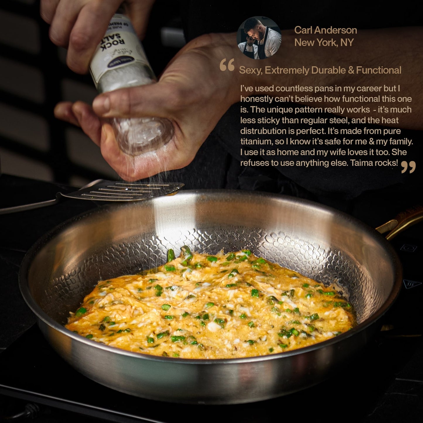 Person seasoning food in a frying pan with a salt shaker, featuring a testimonial about the pan's durability and functionality.
