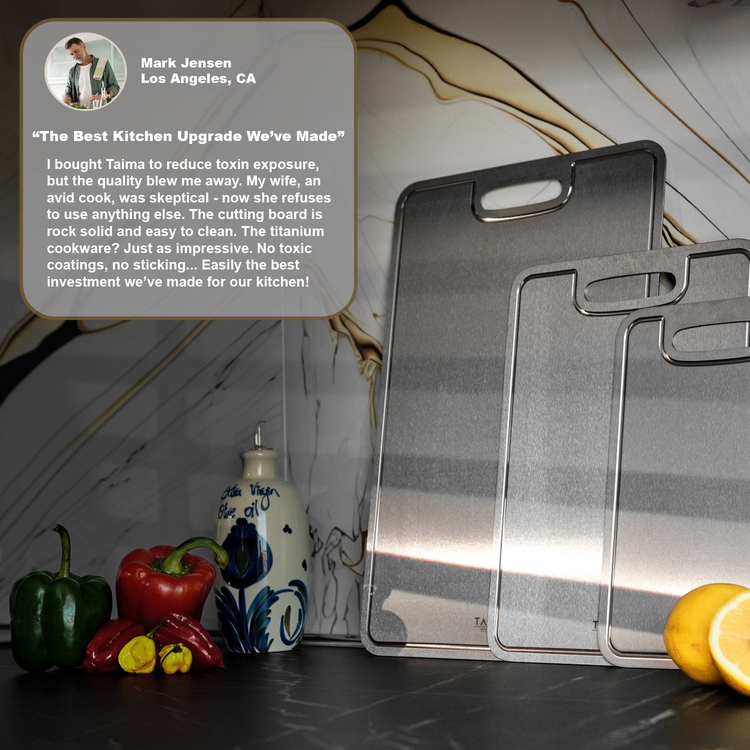 taima titanium review from los angeles, chef reviewwing and saying taima titanium board is the best kitchen upgrade hes ever made. i bought taima to reduce toxin exposure and quality blew me away.