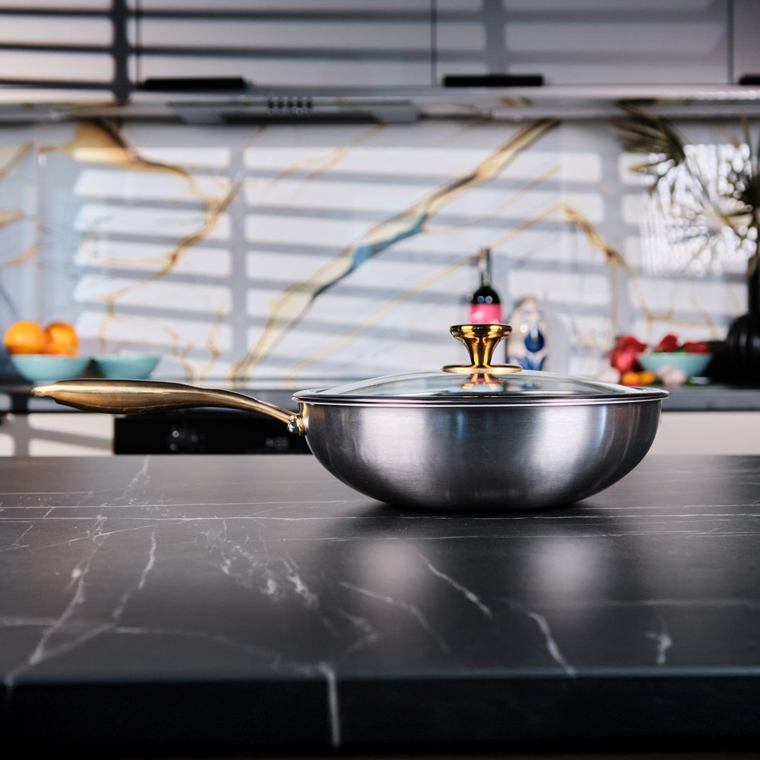 Titanium frying pan with lid on a kitchen counter